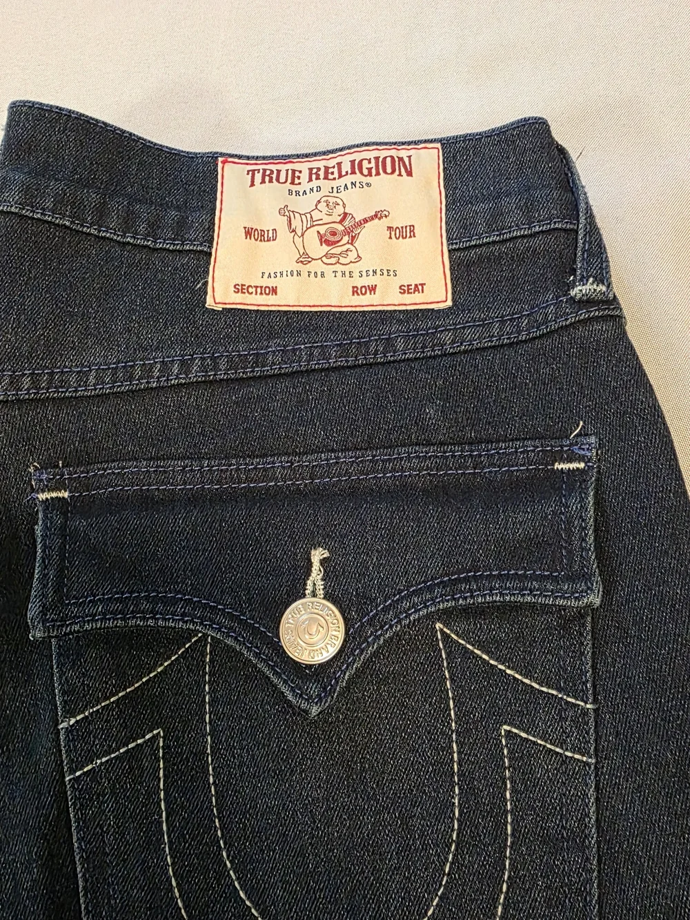 True Religion Dark Indigo Back Pocket Jeans With Flap. NWOT